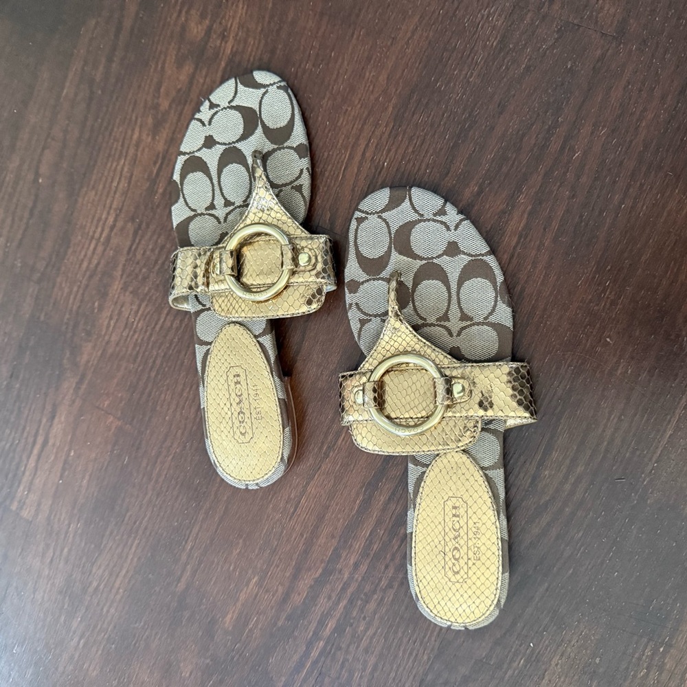 Coach Gold and Brown Monogram Sandals